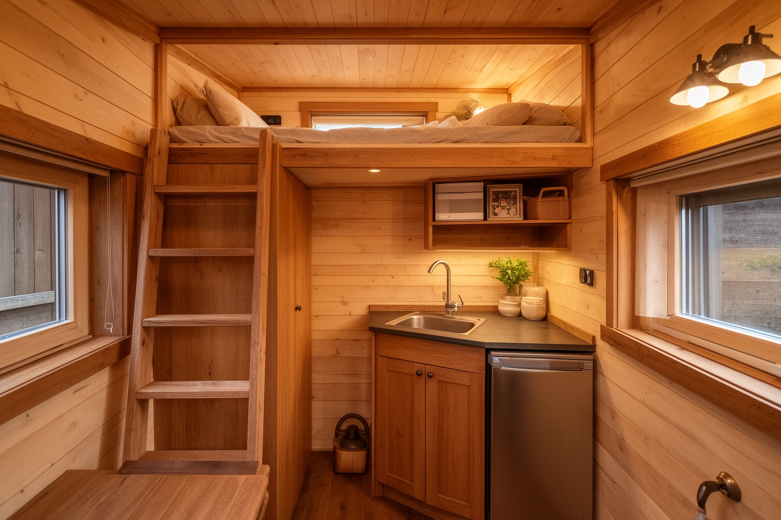 Cozy compact tiny house interior with a loft bed and efficient built in storage, showing space saving design