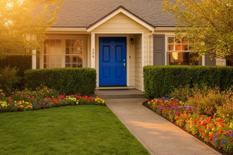Beautifully landscaped front yard with a freshly painted front door and manicured lawn showing strong curb appeal