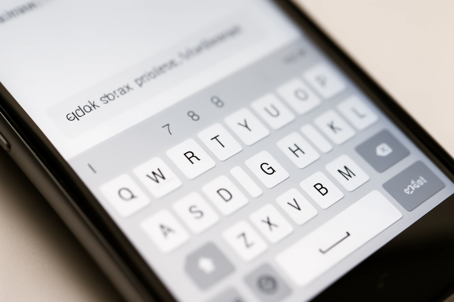 Close up of a smartphone keyboard showing text being typed with an autocorrect suggestion bar above it