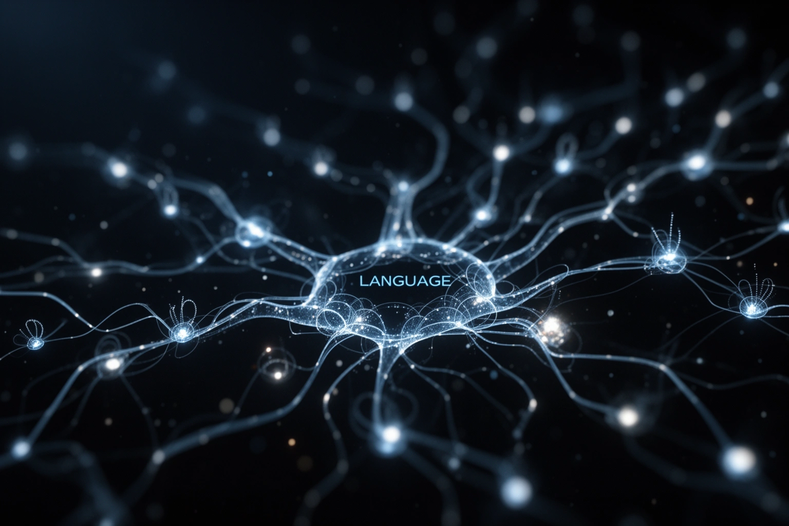 Abstract representation of machine learning and language data flowing through a neural network, illustrating how autocorrect learns