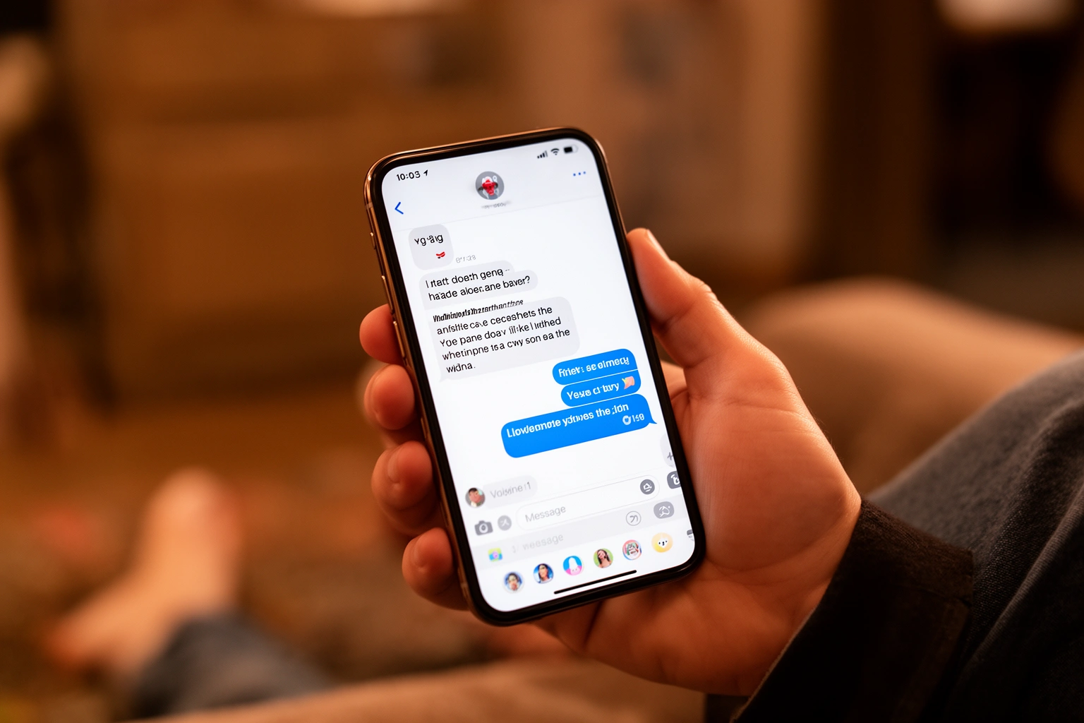 Person laughing while looking at a funny autocorrect text message fail on their smartphone