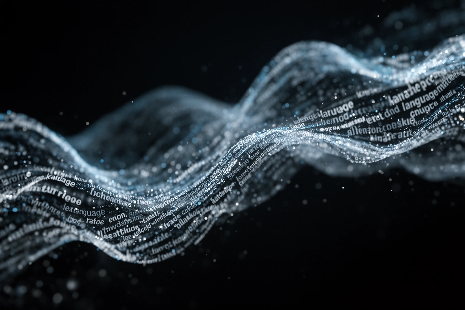 Abstract visualization of billions of text data points forming a language pattern, representing how large language models learn human speech