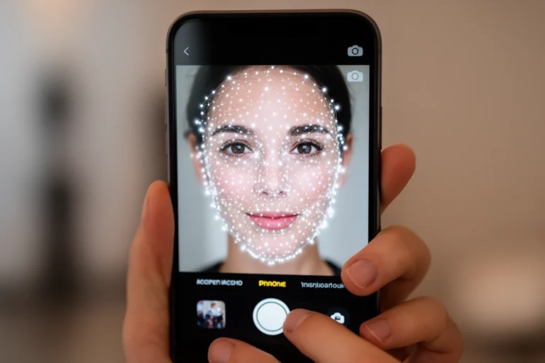Smartphone screen showing a face filter application with a facial mesh overlay tracking a persons features