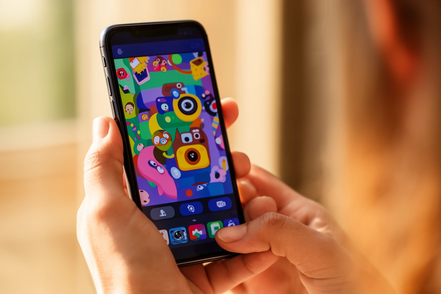 Person taking a selfie video on a smartphone using a fun animated face filter, showing everyday social media use