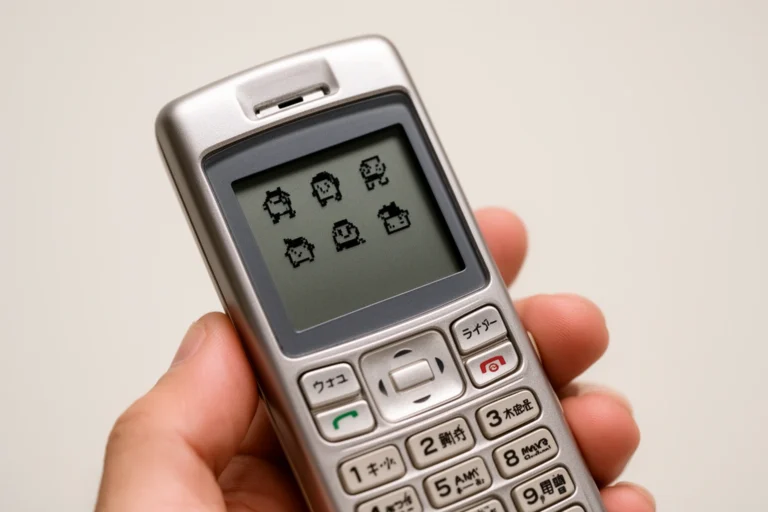 Vintage 1999 mobile phone displaying small pixelated emoji icons on its tiny screen, representing the first emoji set