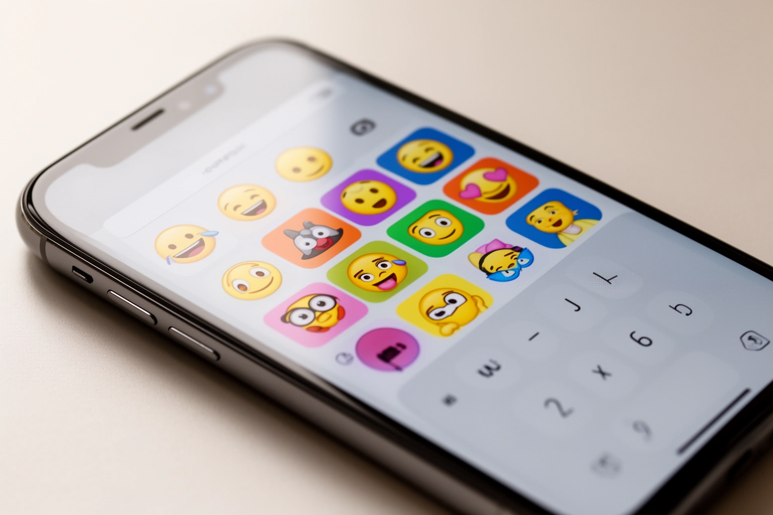 Modern smartphone displaying a colorful full emoji keyboard, showing how the original set evolved into thousands of emoji today