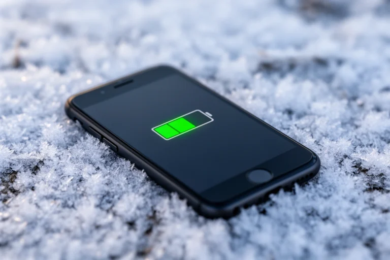 Smartphone showing a low battery warning while resting on a snowy surface outdoors in cold winter weather