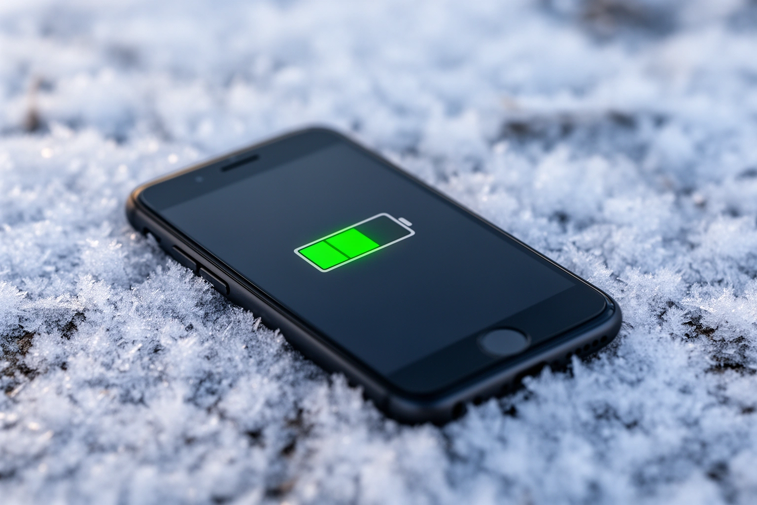 Smartphone showing a low battery warning while resting on a snowy surface outdoors in cold winter weather