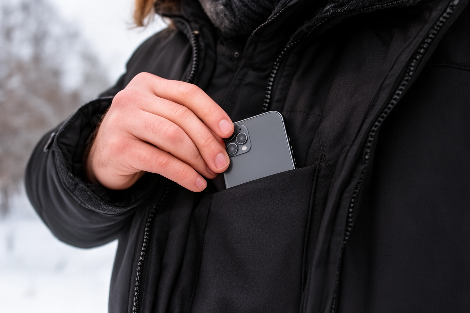 Person keeping their phone warm in an inside jacket pocket while walking outside in winter, a tip for preventing cold weather battery drain