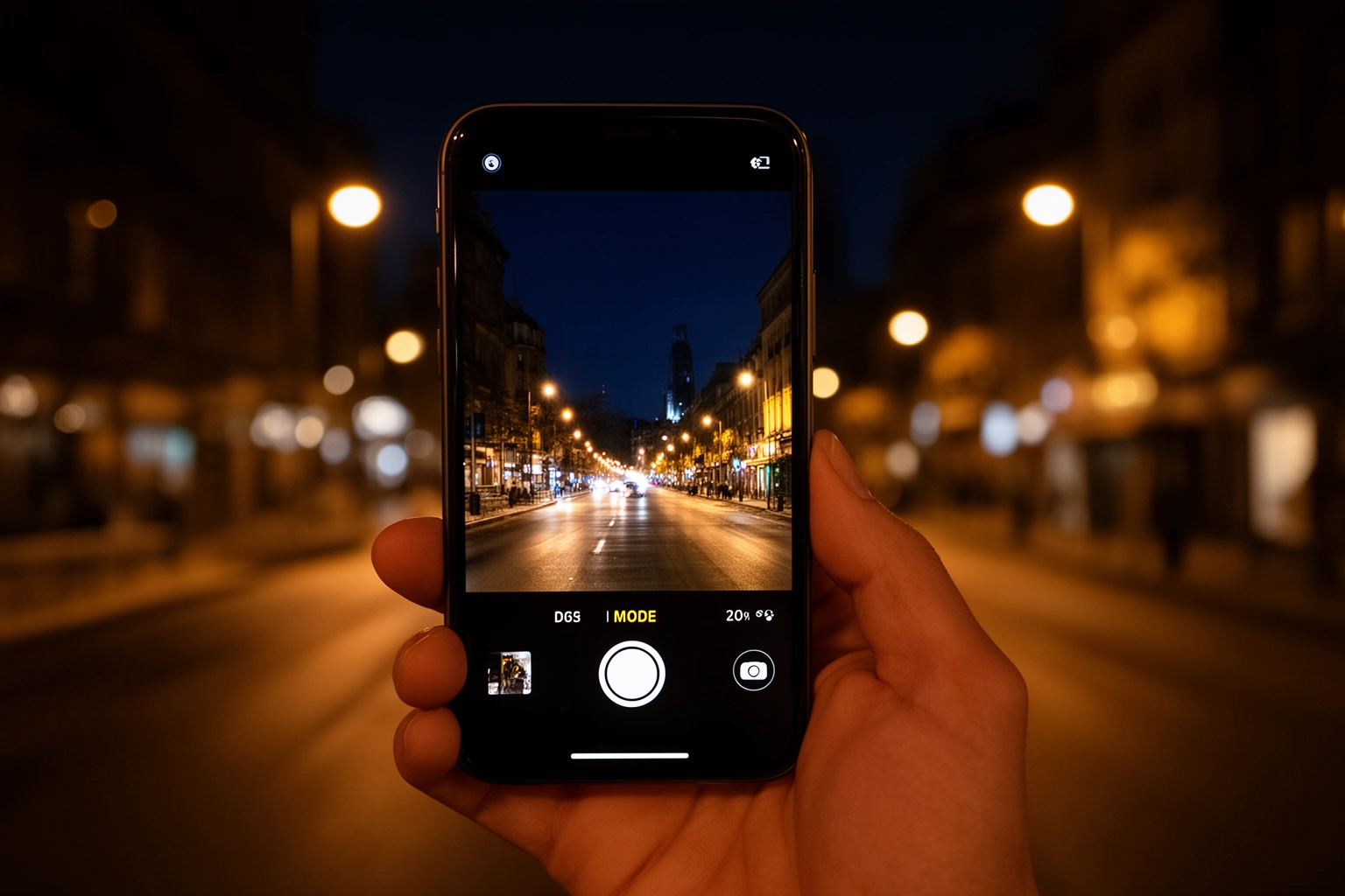 Person taking a photo with a smartphone at night, camera app displaying enhanced night mode processing in low light
