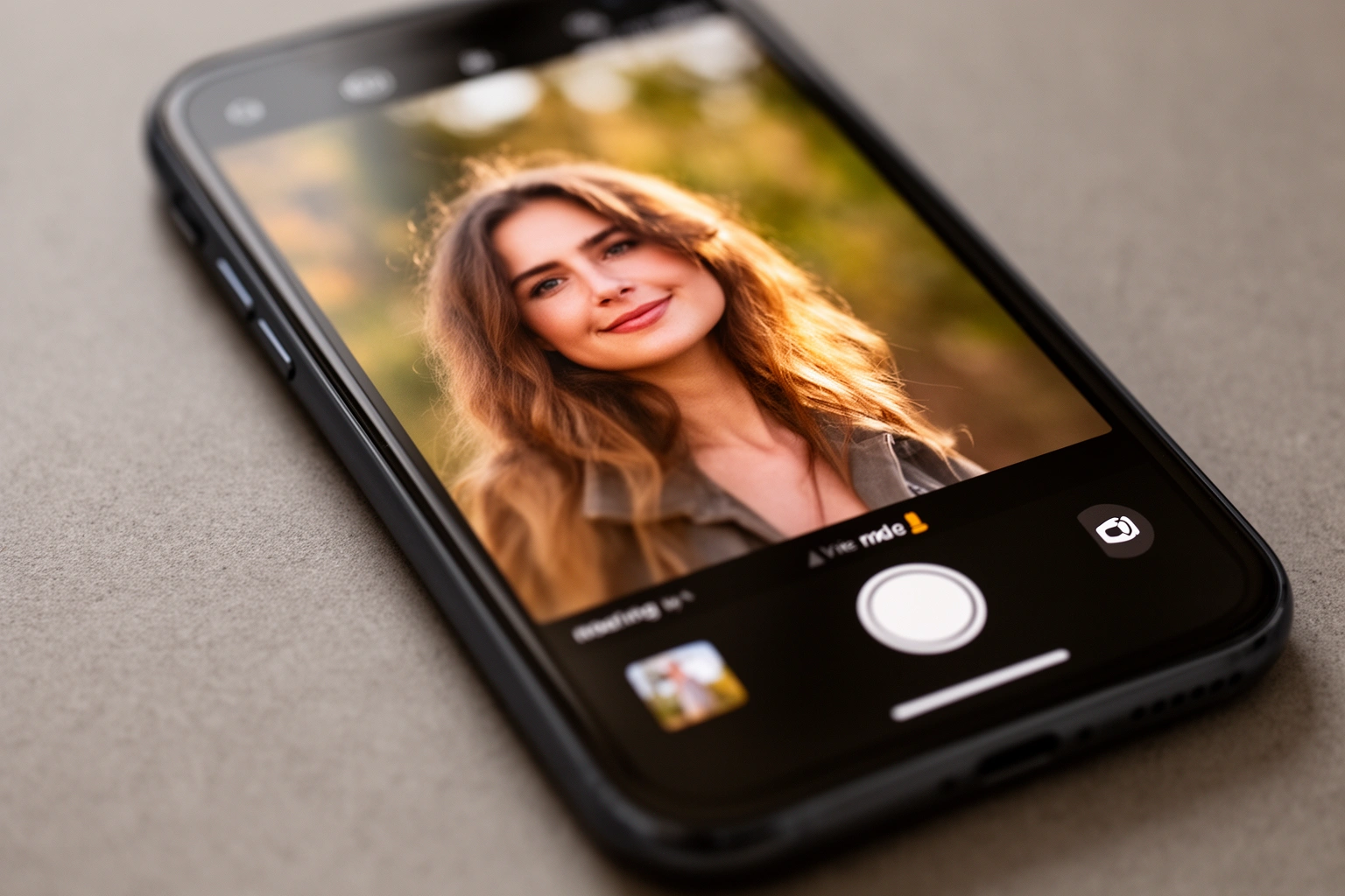 Smartphone portrait mode photo showing a subject in sharp focus with a smooth blurred background, an AI powered bokeh effect