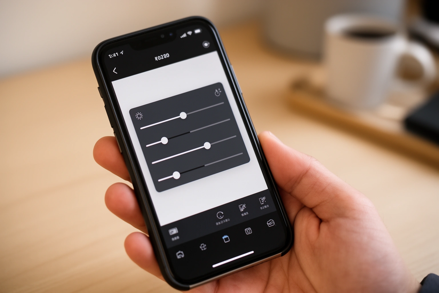 Person editing a photo on a smartphone using AI powered editing tools, adjusting colors and enhancements with simple taps