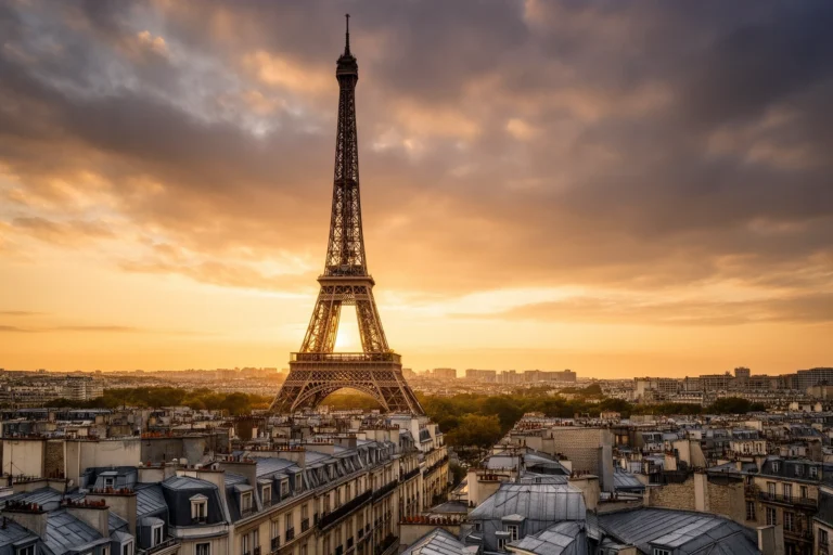 Tourists photographing the Eiffel Tower at sunset from the Trocadero viewpoint in Paris