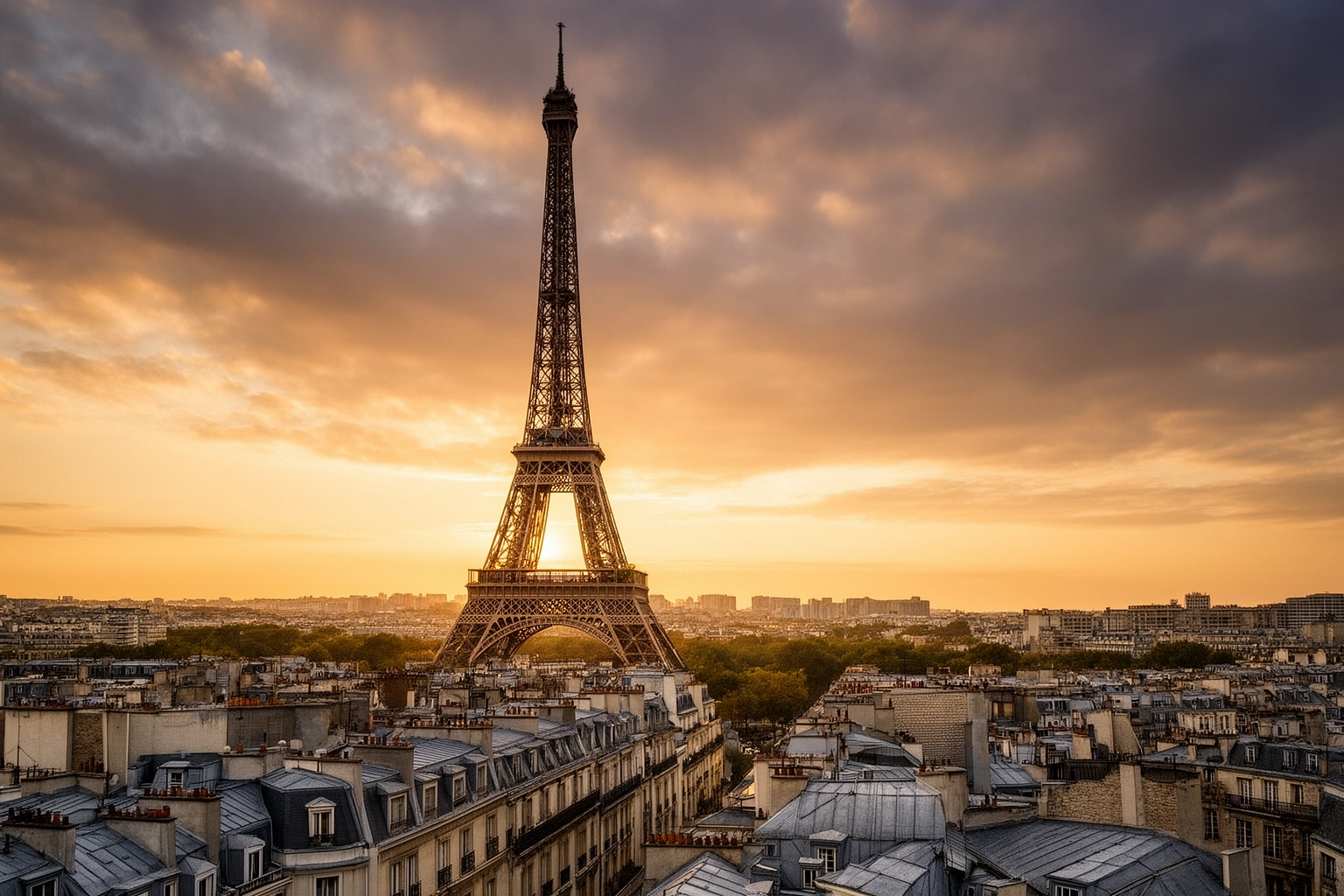 Tourists photographing the Eiffel Tower at sunset from the Trocadero viewpoint in Paris