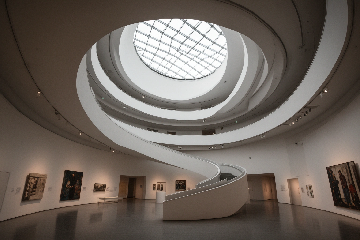 Spiral ramp interior of a modern art museum resembling the Guggenheim, one of the most photographed buildings in New York City