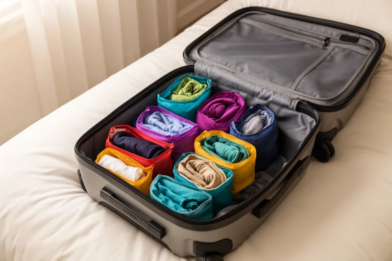 Open carry on suitcase neatly packed with rolled clothing and packing cubes, demonstrating light efficient travel packing