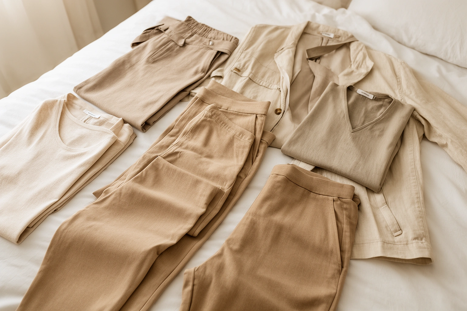 Neutral colored capsule wardrobe clothing laid out on a bed before packing, showing a mix and match travel outfit strategy