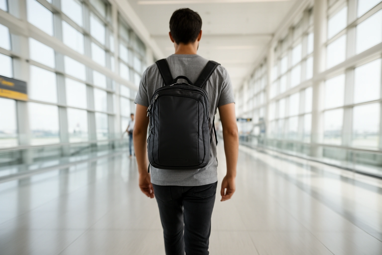 Traveler walking through an airport with only a small carry on backpack, showing the ease of packing light for stress free travel
