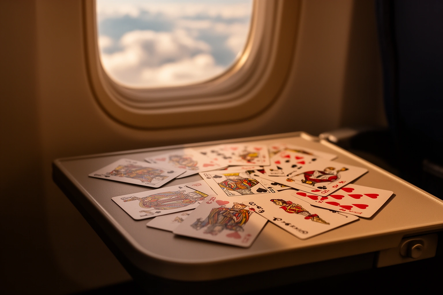 Two travelers playing a compact card game on an airplane tray table during a long flight