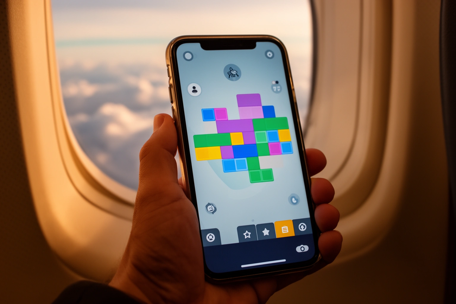 Smartphone displaying an offline puzzle game being played during a flight, a popular way to pass time without wifi