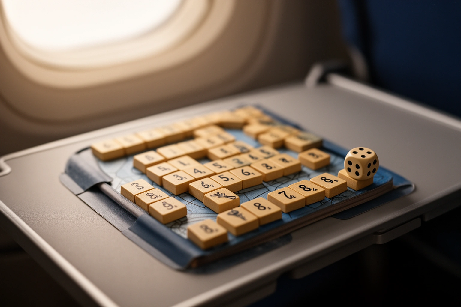 Small travel sized board game with dice and tiles set up on an airplane tray table for in flight entertainment