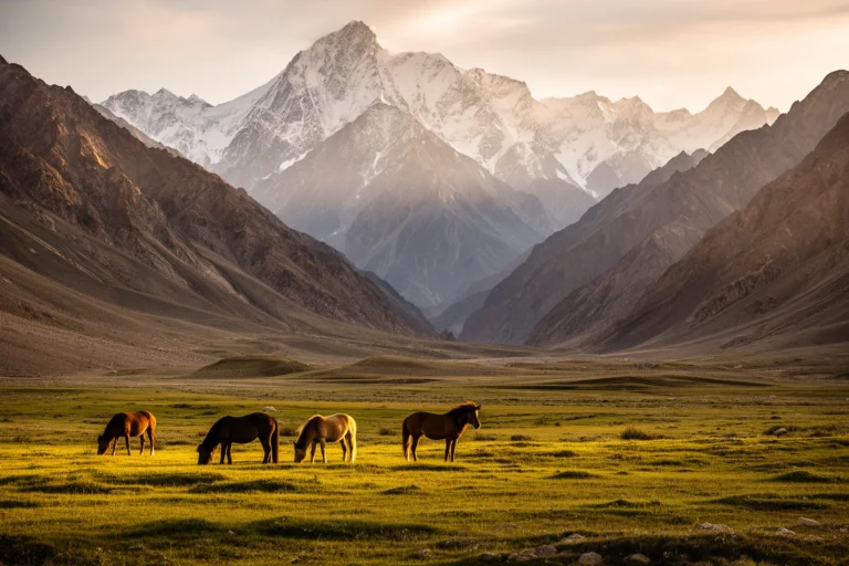 Dramatic rugged mountain landscape in Kyrgyzstan with horses grazing, an emerging travel destination gaining social media popularity