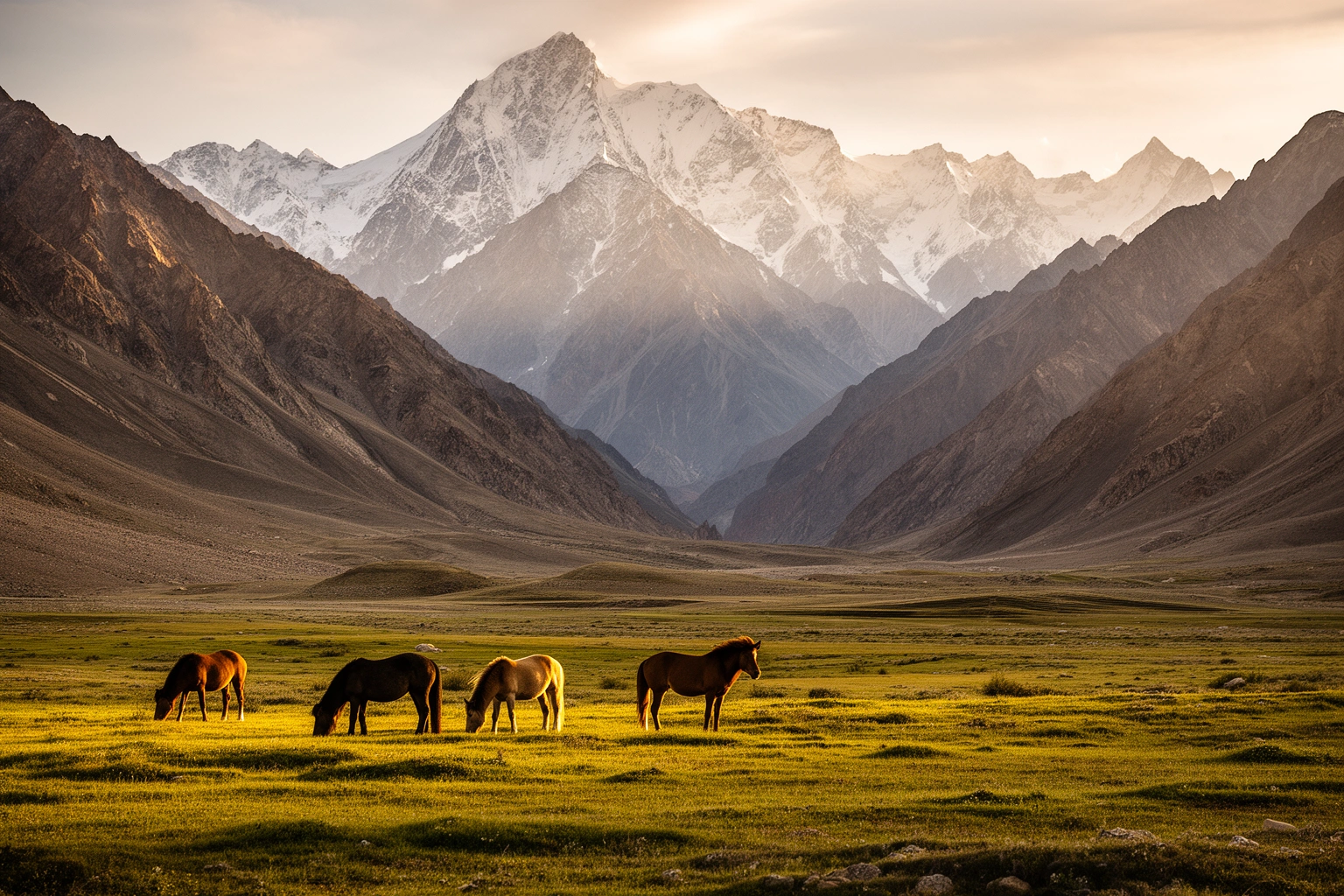 Dramatic rugged mountain landscape in Kyrgyzstan with horses grazing, an emerging travel destination gaining social media popularity