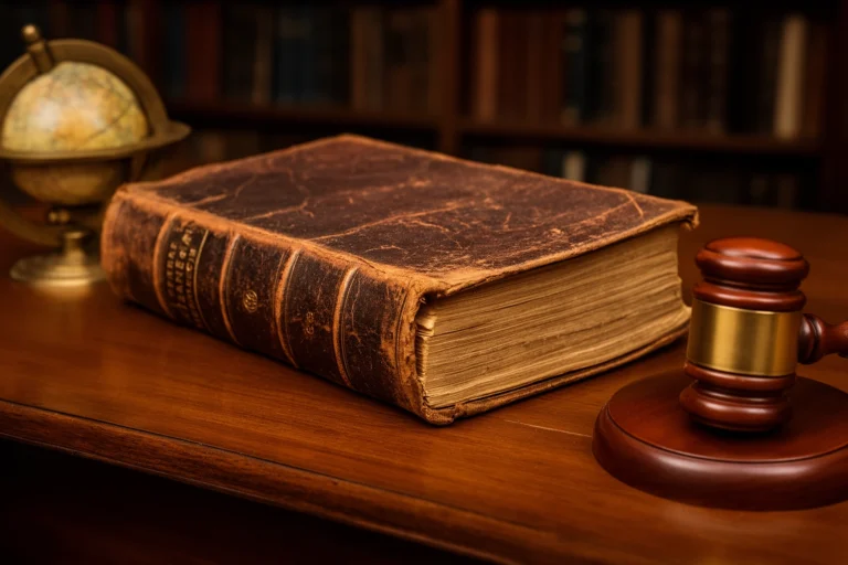 Vintage law book and gavel on a desk with a small globe, representing quirky international laws around the world