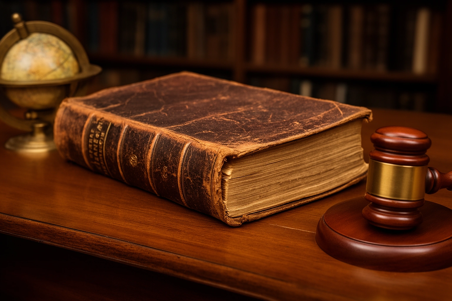 Vintage law book and gavel on a desk with a small globe, representing quirky international laws around the world