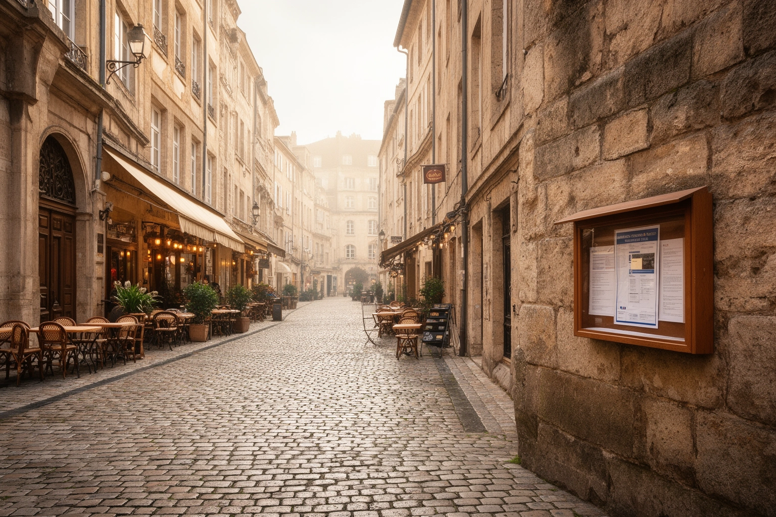 Sign warning tourists about local rules and etiquette near a historic European city center with cobblestone streets