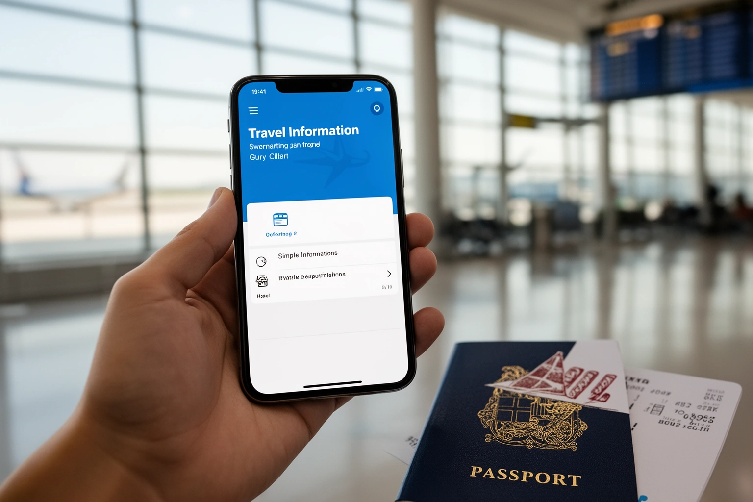 Traveler checking a phone for local travel advisories and laws while sitting in an airport terminal before a trip