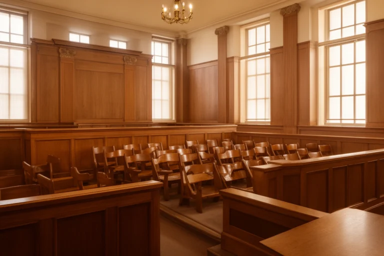 Twelve empty jury box seats in a formal courtroom, representing the American jury trial system