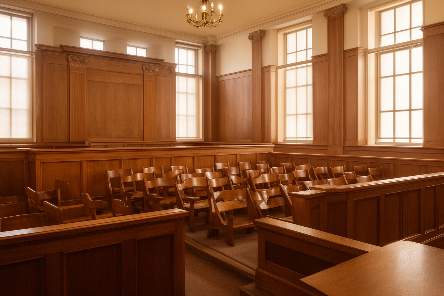 Twelve empty jury box seats in a formal courtroom, representing the American jury trial system