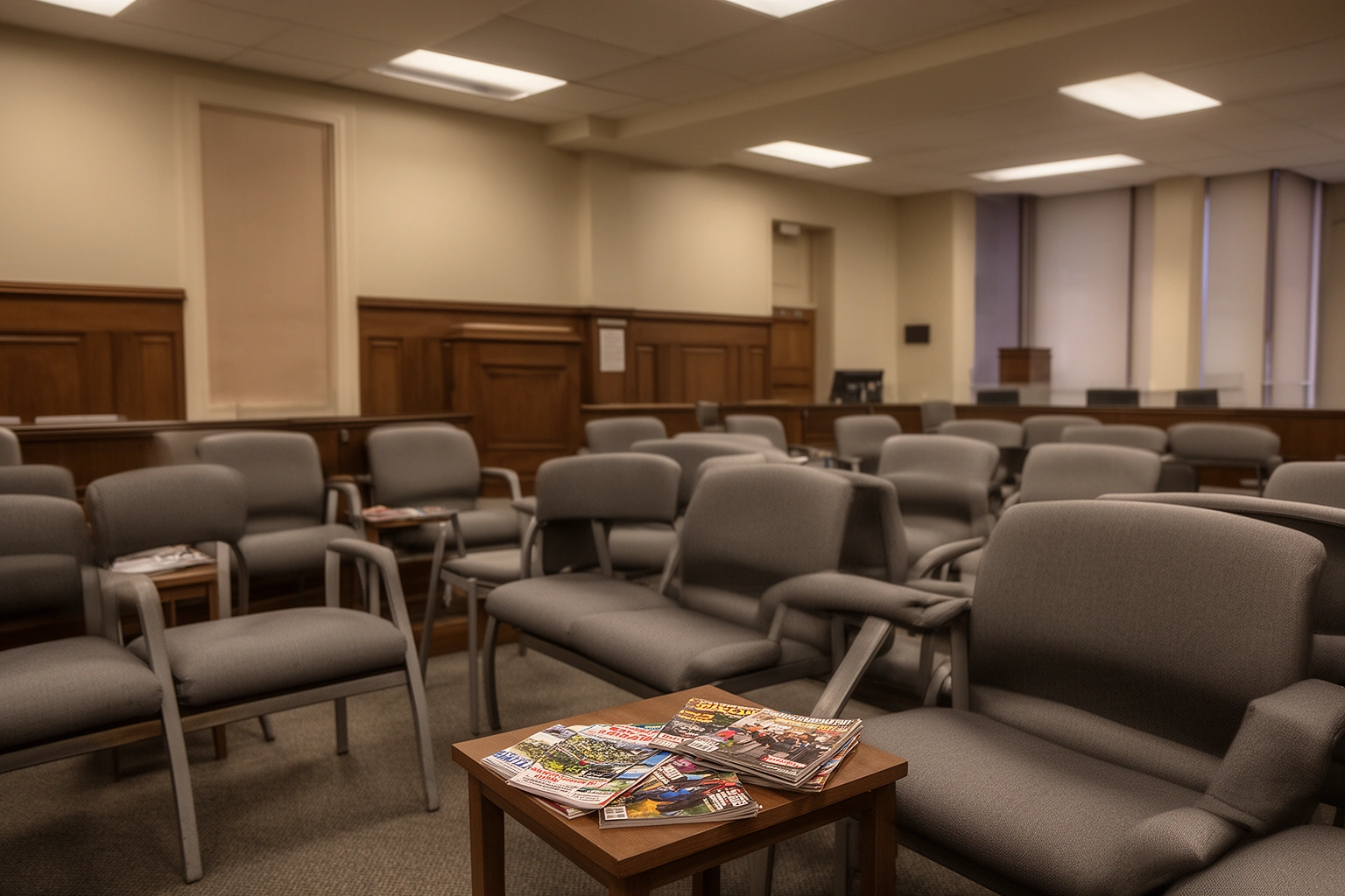 Group of diverse citizens seated together in a courthouse jury assembly waiting room during the jury selection process