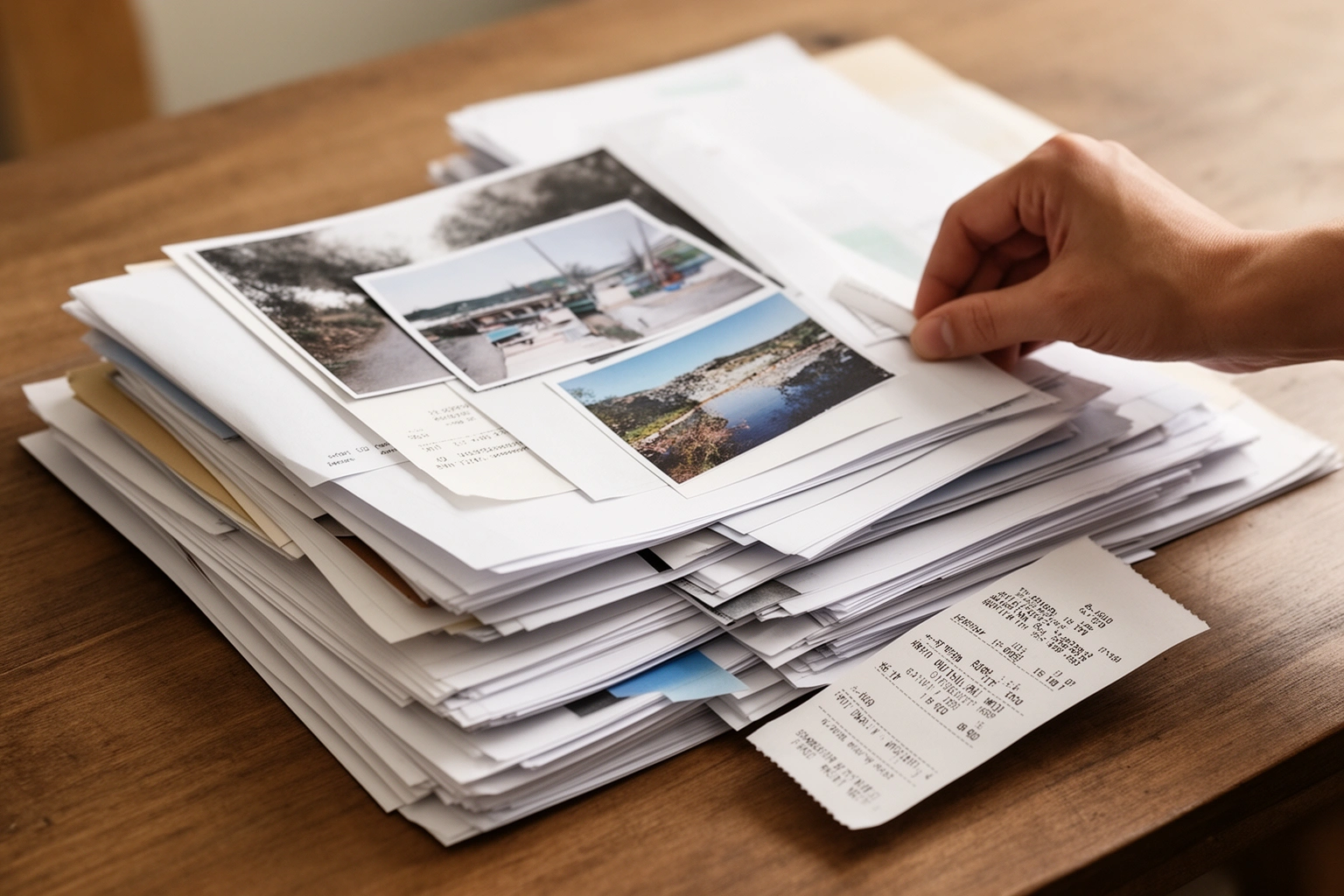 Person organizing paperwork, receipts, and photos as evidence to prepare for a small claims court hearing