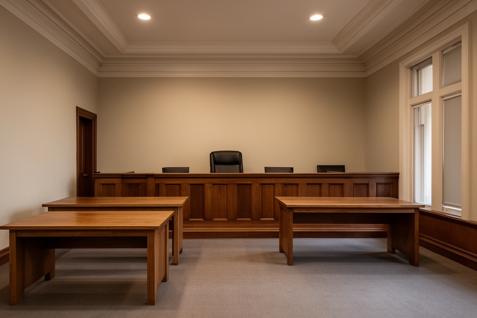 Simple courtroom setting with a judge's bench and two tables for plaintiff and defendant, representing an informal small claims hearing