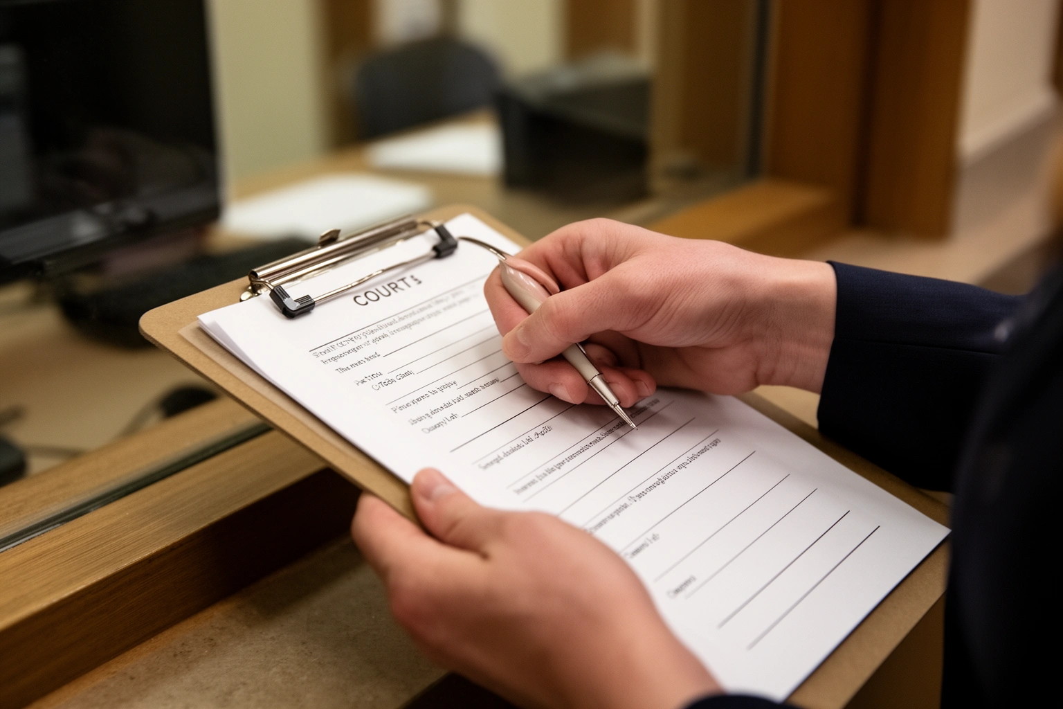 Person filling out a small claims court filing form at a courthouse clerk window, the first step in starting a small claims case