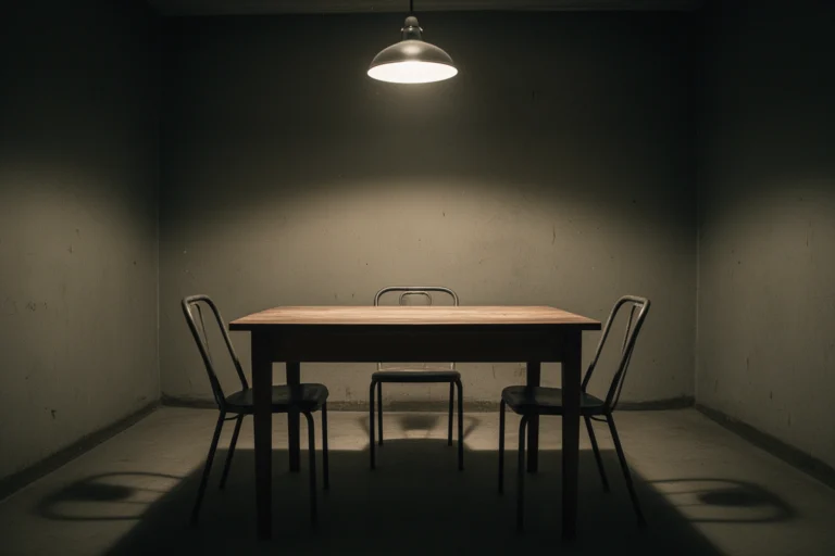 Vintage 1966 era police interrogation room with a simple table and two chairs, representing the historical setting of the Miranda case
