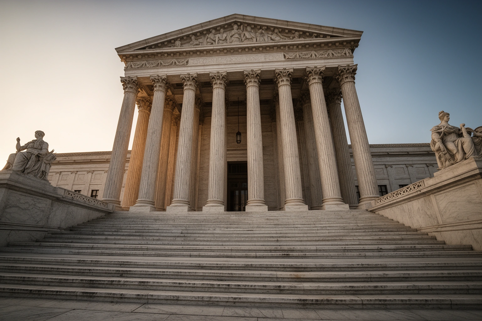 Grand marble columns and steps of a courthouse building, representing the Supreme Court and the Miranda v Arizona ruling