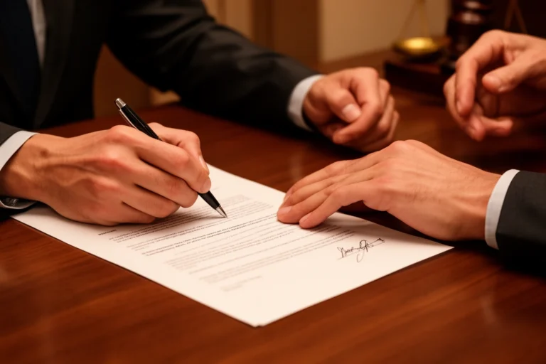Two people signing a legal document at a table while a third person witnesses the signature