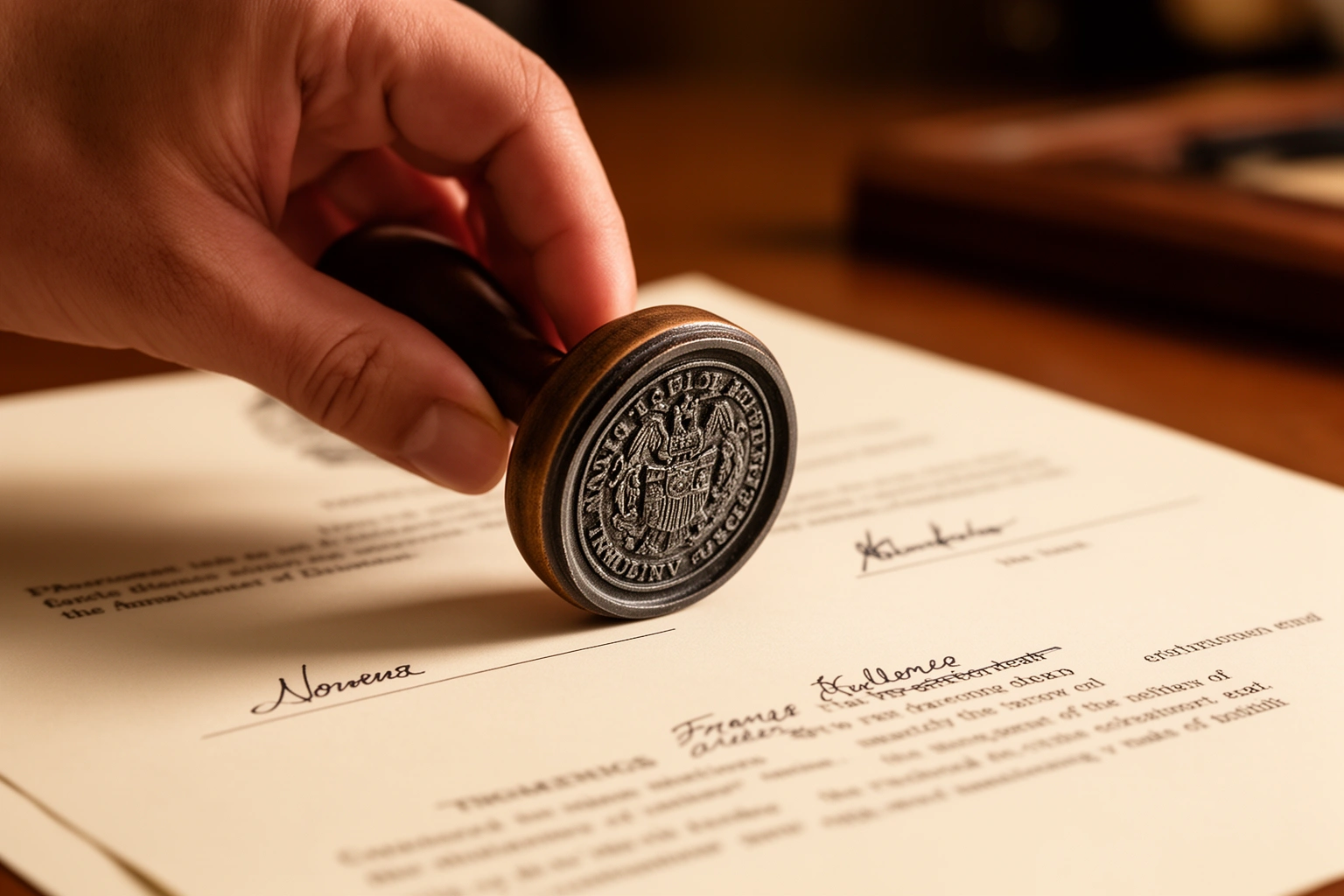 Notary public stamping an official document beside a witness signature, showing the difference between witnessing and notarization